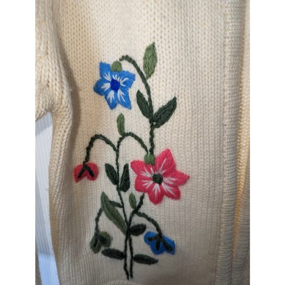 Vintage 60's Open Front Cardigan Off White Embroidered Floral Granny Sweater - Picture 4 of 6